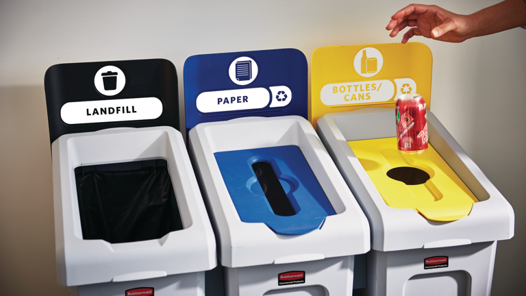2007917 Rcp Utility Refuse Slim Jim Recycling Solutions Brute Tandem Dolly 23Gal 3 Stream Landfill Paper Bottles Cans Cafeteria Talent In Use 2 (1)