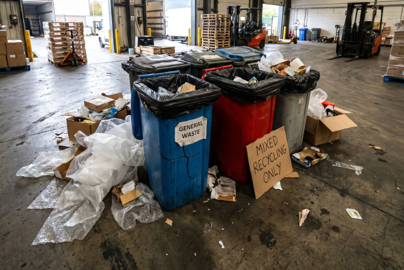 Damaged low quality bins in a warehouse